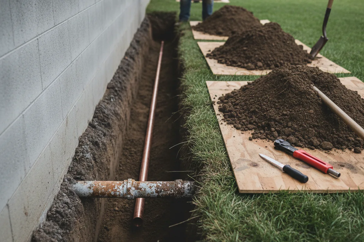 Excavated water line trench during Sewer Line Repair in Crawford